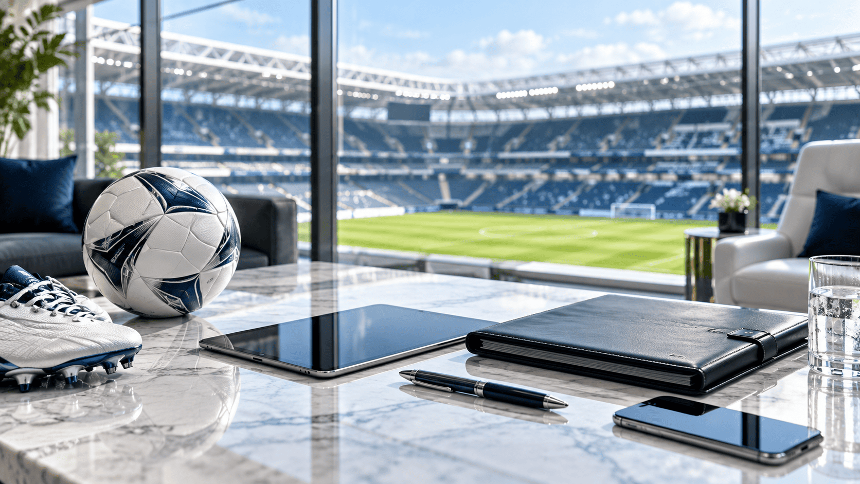 Suite professionale con vista su uno stadio, un pallone e strumenti di lavoro per la consulenza sportiva